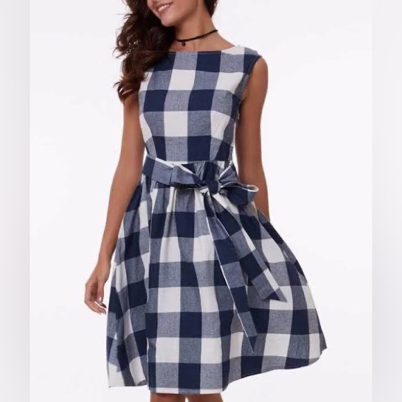 LAURA ASHLEY Cotton Blue White Picnic Check Fit and Flare Midi Dress - Picture 2 of 12